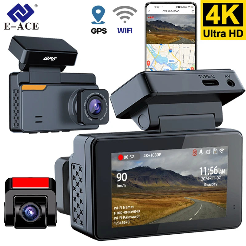 4K Dash Cam with Night Vision, GPS, Wi-Fi, & Dual-Lens Recording