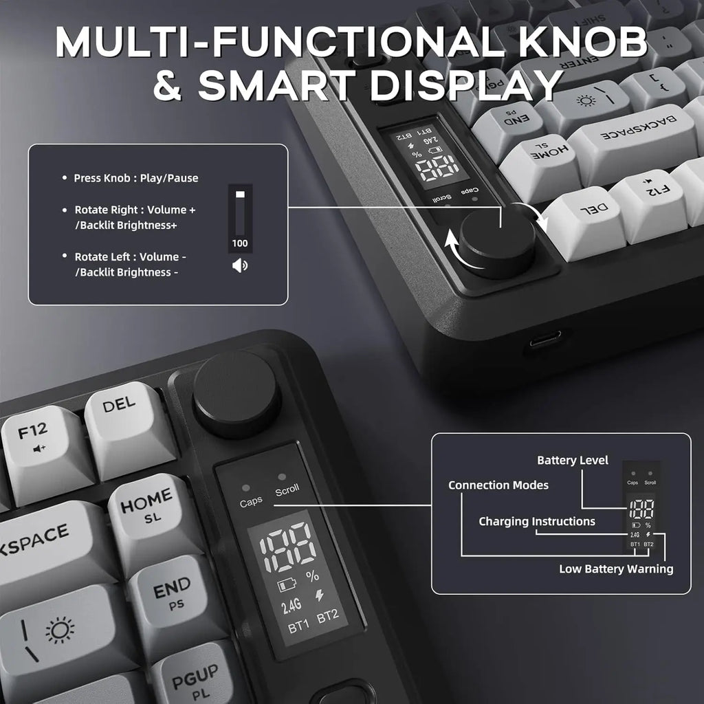 Wireless Membrane Gaming Keyboard with Knob and LED Display