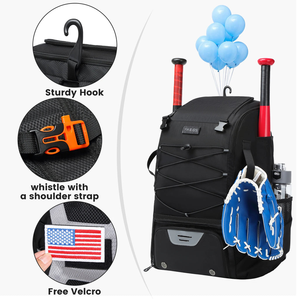 Large Capacity Youth Baseball/Softball Backpack with Bat, Helmet, & Shoe Storage