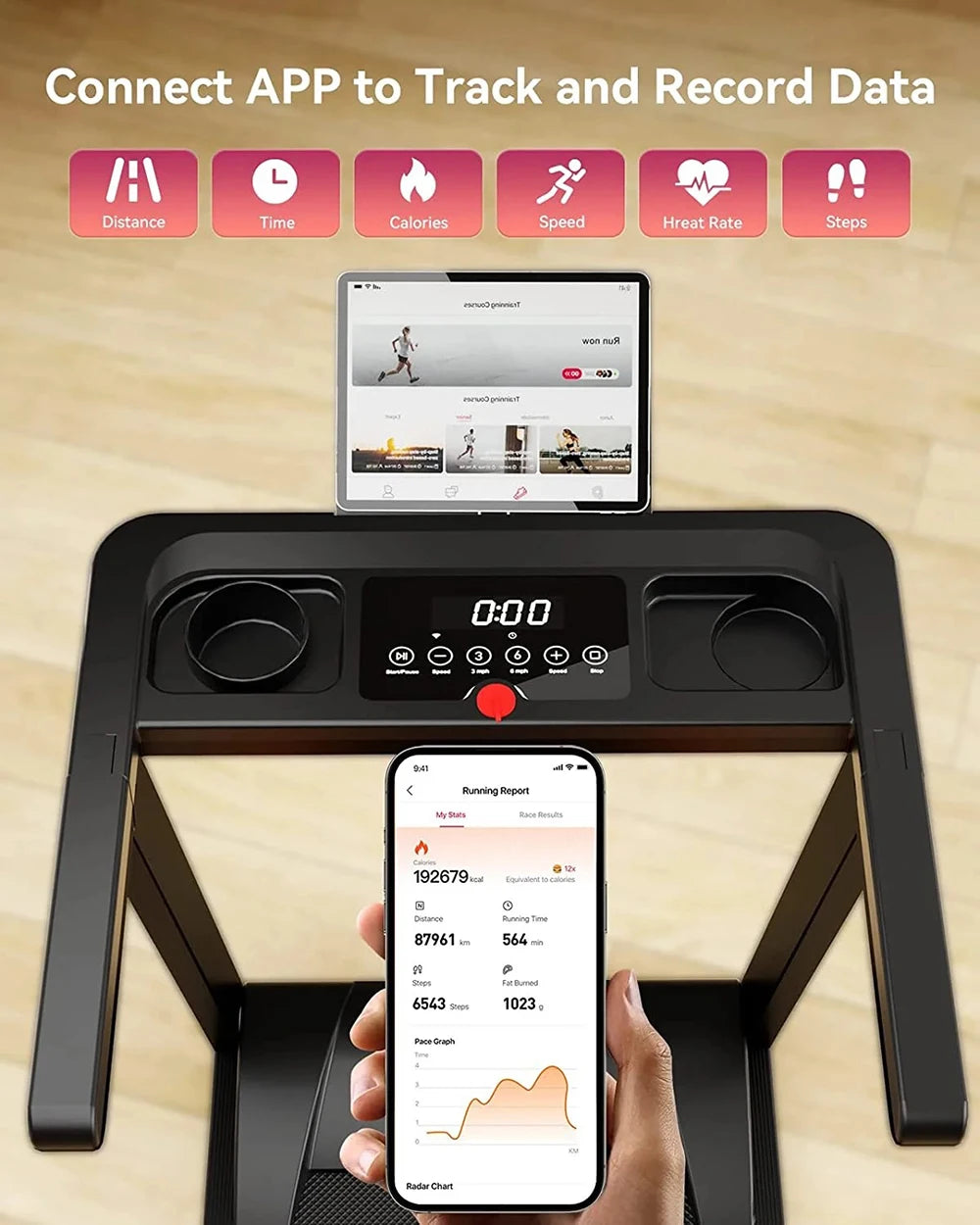 Quiet Portable 3.0 HP Folding Treadmill for Home with App Control, 7.5 MPH, 300 lbs Max