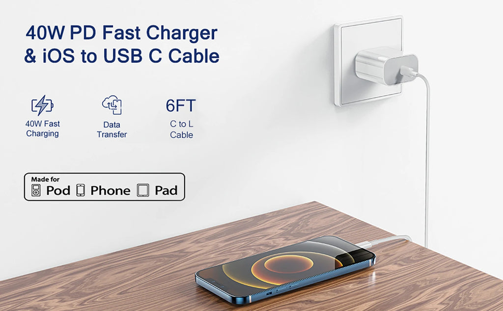 Fast Charger for iPhone (11-14 Series) & iPad with USB-C Cable (40W)