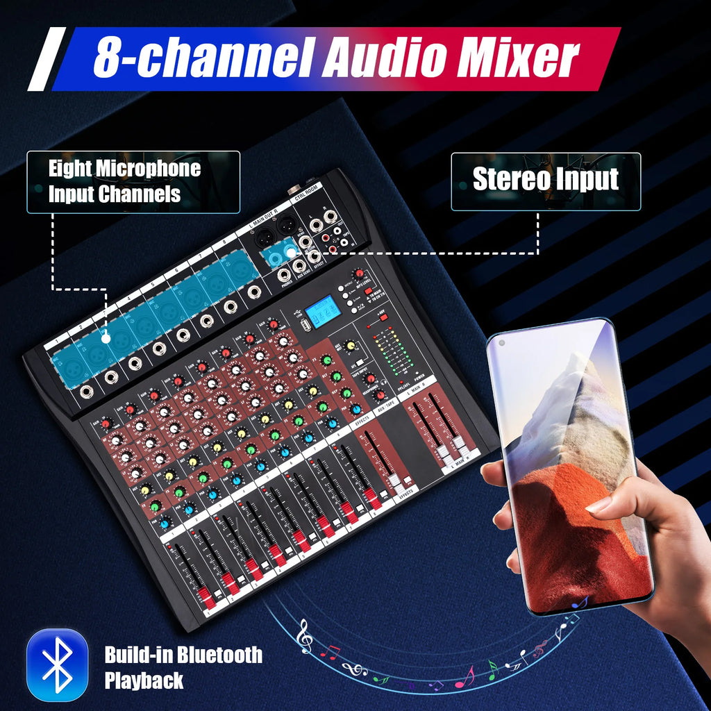Professional 7/8-Channel Mixer: Bluetooth, USB Recording & XLR Mic Input