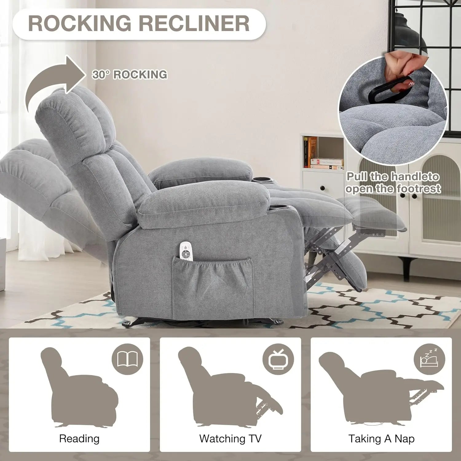 Comfy Rocker Recliner with Vibration Massage & Heat for Full Body Relaxation