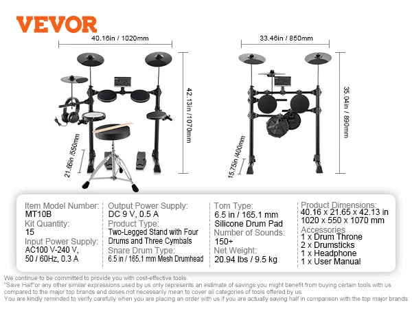 Beginner Electric Drum Set: 15 Kits, 150 Sounds, Quiet Mesh Snare
