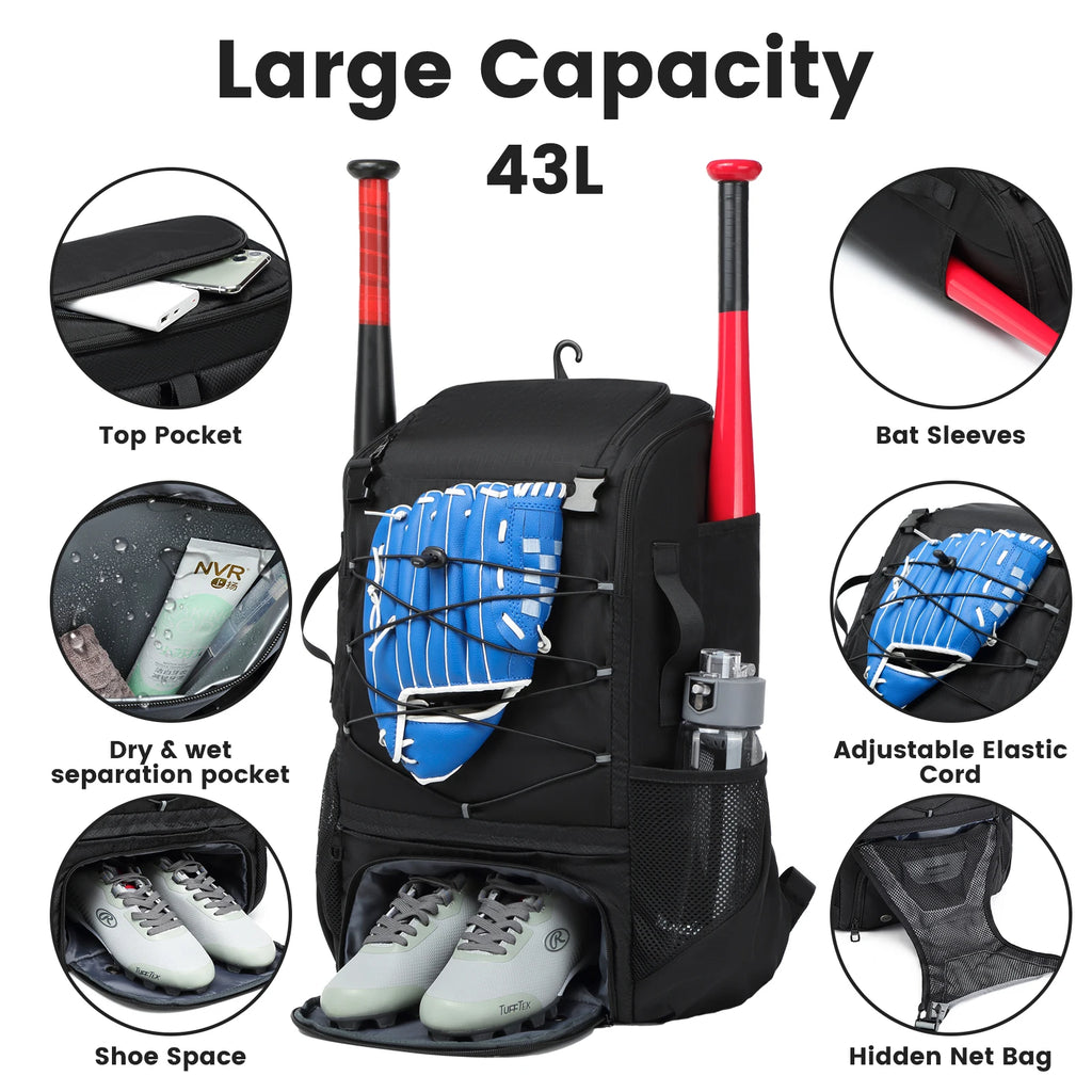 Large Capacity Youth Baseball/Softball Backpack with Bat, Helmet, & Shoe Storage