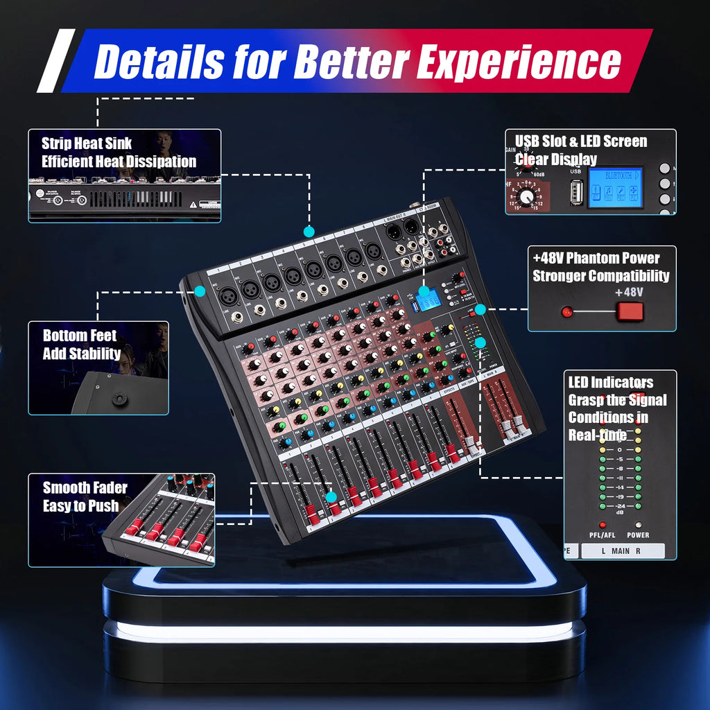 Professional 7/8-Channel Mixer: Bluetooth, USB Recording & XLR Mic Input