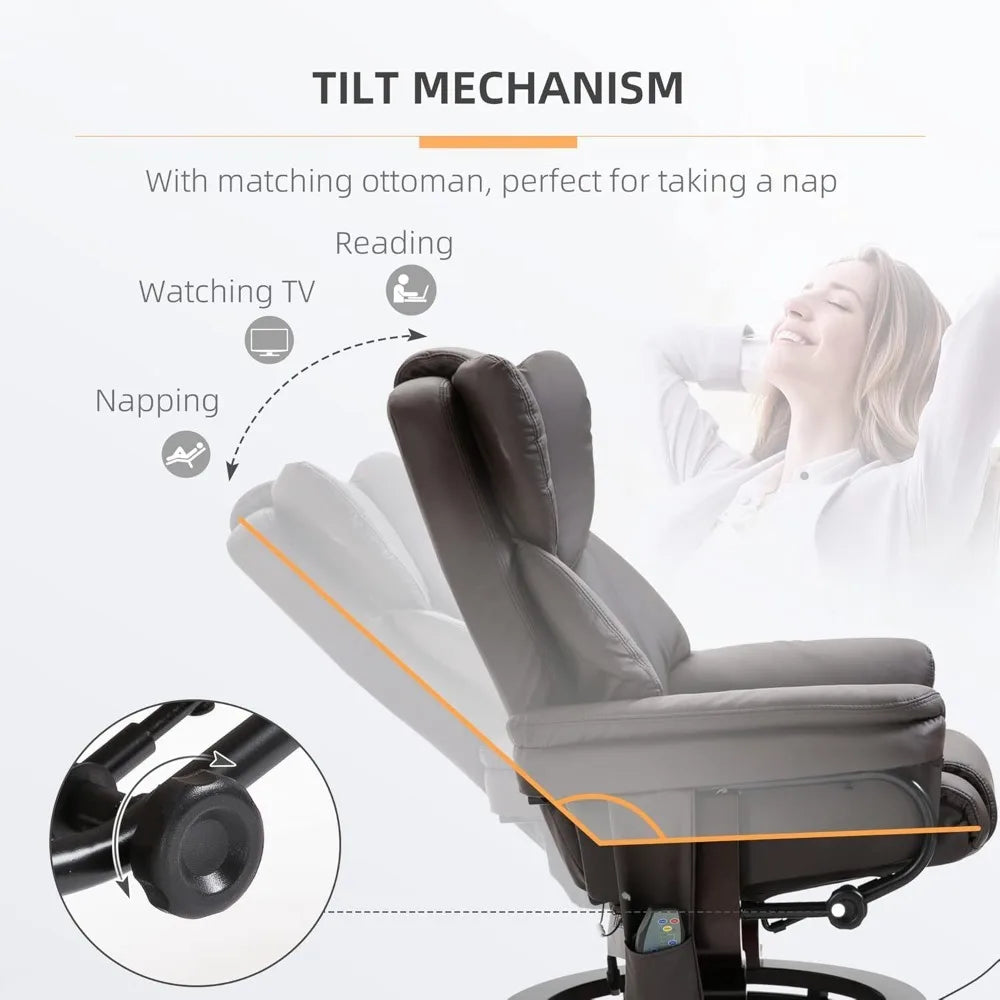 360° Swivel Massage Recliner Chair with Ottoman & 10-Point Vibration | Faux Leather